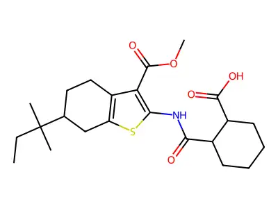 2-{[3-(methoxycarbonyl)-6-(2-methylbutan-2-yl)-4,5,6,7-tetrahydro-1-benzothiophen-2-yl]carbamoyl}cyclohexanecarboxylic acid structure