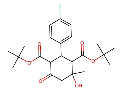 di-tert-butyl 2-(4-fluorophenyl)-4-hydroxy-4-methyl-6-oxocyclohexane-1,3-dicarboxylate structure