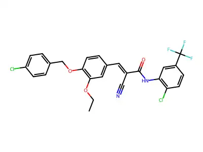 (2E)-3-{4-[(4-chlorobenzyl)oxy]-3-ethoxyphenyl}-N-[2-chloro-5-(trifluoromethyl)phenyl]-2-cyanoprop-2-enamide structure