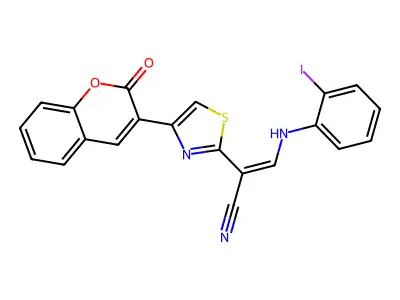 (E)-3-((2-iodophenyl)amino)-2-(4-(2-oxo-2H-chromen-3-yl)thiazol-2-yl)acrylonitrile structure