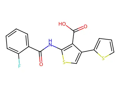2-[(2-Fluorobenzoyl)amino]-4-thiophen-2-ylthiophene-3-carboxylic acid structure