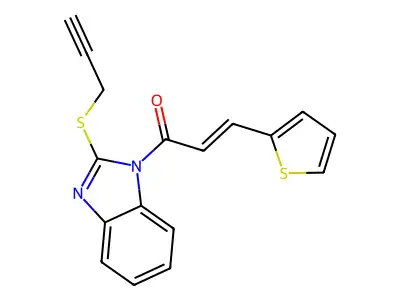 (E)-1-(2-prop-2-ynylsulfanylbenzimidazol-1-yl)-3-thiophen-2-ylprop-2-en-1-one structure