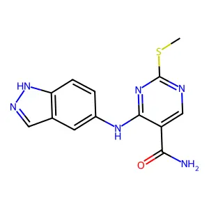 4-(1H-indazol-5-ylamino)-2-methylsulfanyl-pyrimidine-5-carboxamide structure