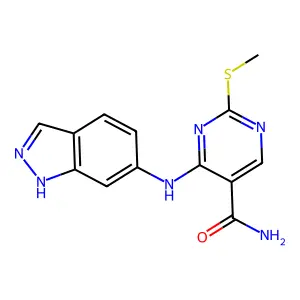 4-(1H-indazol-6-ylamino)-2-methylsulfanyl-pyrimidine-5-carboxamide structure