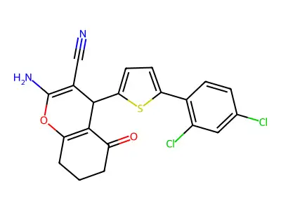 2-amino-4-(5-(2,4-dichlorophenyl)thien-2-yl)-5-oxo-5,6,7,8-tetrahydro-4H-chromene-3-carbonitrile structure