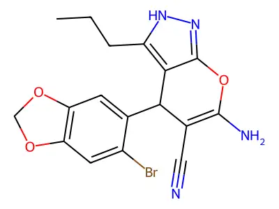 6-amino-4-(6-bromo-1,3-benzodioxol-5-yl)-3-propyl-1,4-dihydropyrano[2,3-c]pyrazole-5-carbonitrile structure