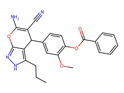 4-(6-amino-5-cyano-3-propyl-1,4-dihydropyrano[2,3-c]pyrazol-4-yl)-2-methoxyphenyl benzoate structure