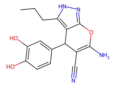6-amino-4-(3,4-dihydroxyphenyl)-3-propyl-1,4-dihydropyrano[2,3-c]pyrazole-5-carbonitrile structure