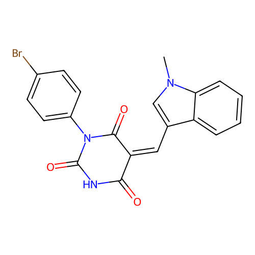 (Z)-1-(4-bromophenyl)-5-((1-methyl-1H-indol-3-yl)methylene)pyrimidine-2,4,6(1H,3H,5H)-trione structure