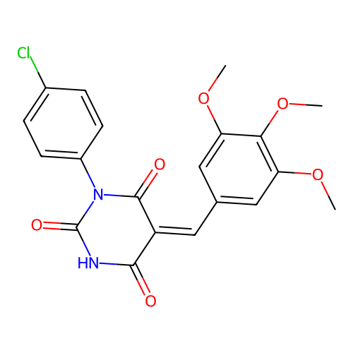 (Z)-1-(4-chlorophenyl)-5-(3,4,5-trimethoxybenzylidene)pyrimidine-2,4,6(1H,3H,5H)-trione structure