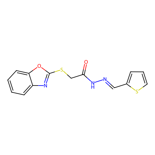 2-(1,3-benzoxazol-2-ylsulfanyl)-N'-[(E)-thiophen-2-ylmethylidene]acetohydrazide structure