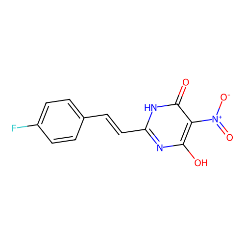 (E)-2-(4-fluorostyryl)-6-hydroxy-5-nitropyrimidin-4(3H)-one structure