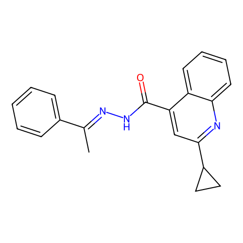 2-cyclopropyl-N'-[(1E)-1-phenylethylidene]quinoline-4-carbohydrazide structure
