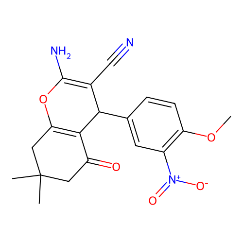 2-amino-4-(4-methoxy-3-nitrophenyl)-7,7-dimethyl-5-oxo-5,6,7,8-tetrahydro-4H-chromene-3-carbonitrile structure