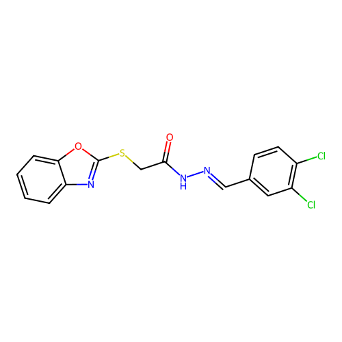 (E)-2-(benzo[d]oxazol-2-ylthio)-N'-(3,4-dichlorobenzylidene)acetohydrazide structure