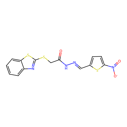(E)-2-(benzo[d]thiazol-2-ylthio)-N'-((5-nitrothiophen-2-yl)methylene)acetohydrazide structure