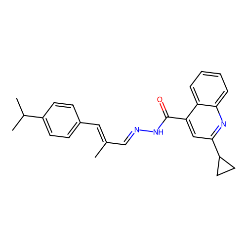2-cyclopropyl-N'-(3-(4-isopropylphenyl)-2-methylallylidene)quinoline-4-carbohydrazide structure