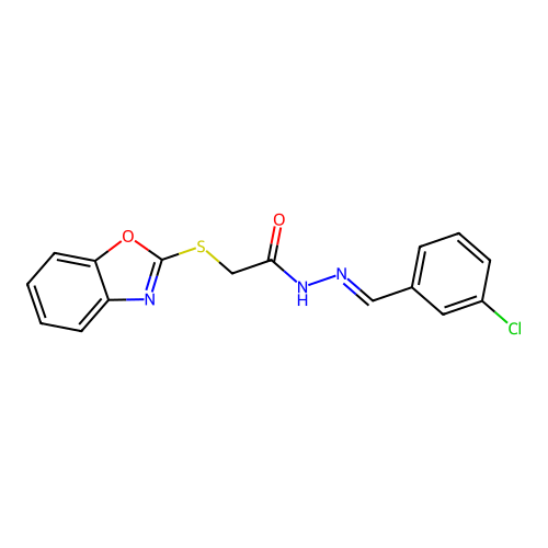 (E)-2-(benzo[d]oxazol-2-ylthio)-N'-(3-chlorobenzylidene)acetohydrazide structure