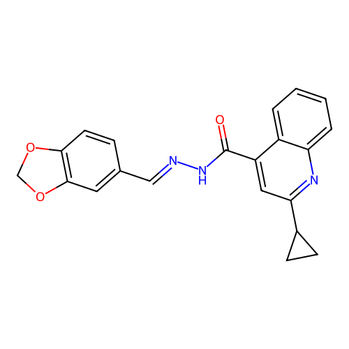 N-[(E)-1,3-benzodioxol-5-ylmethylideneamino]-2-cyclopropylquinoline-4-carboxamide structure