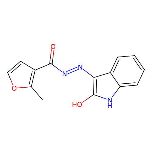 2-methyl-N'-[(3Z)-2-oxo-1,2-dihydro-3H-indol-3-ylidene]furan-3-carbohydrazide structure