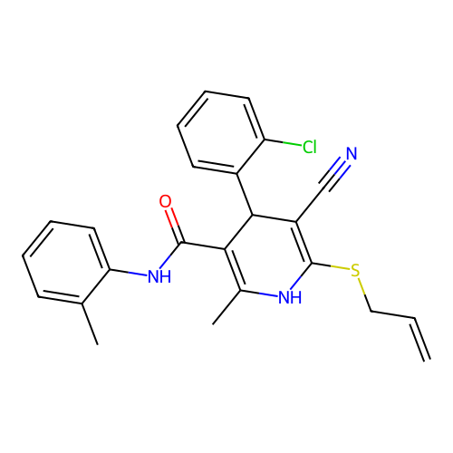 4-(2-chlorophenyl)-5-cyano-2-methyl-N-(2-methylphenyl)-6-(prop-2-en-1-ylsulfanyl)-1,4-dihydropyridine-3-carboxamide structure