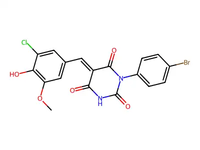 (5E)-1-(4-bromophenyl)-5-(3-chloro-4-hydroxy-5-methoxybenzylidene)pyrimidine-2,4,6(1H,3H,5H)-trione structure