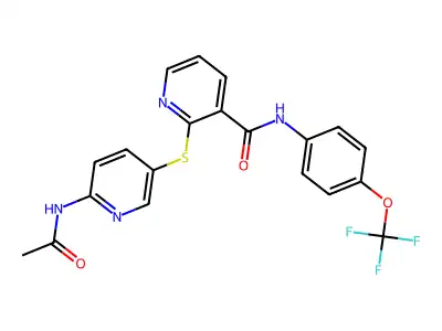 2-{[6-(acetylamino)-3-pyridinyl]sulfanyl}-N-[4-(trifluoromethoxy)phenyl]nicotinamide structure