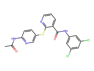 2-{[6-(acetylamino)-3-pyridinyl]sulfanyl}-N-(3,5-dichlorophenyl)nicotinamide structure