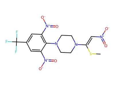 1-[2,6-dinitro-4-(trifluoromethyl)phenyl]-4-(1-methylsulfanyl-2-nitro-ethenyl)piperazine structure