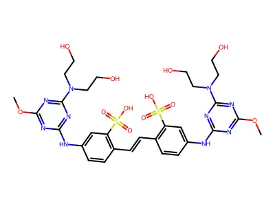 2,2'-(Ethene-1,2-diyl)bis[5-({4-[bis(2-hydroxyethyl)amino]-6-methoxy-1,3,5-triazin-2-yl}amino)benzene-1-sulfonic acid] structure