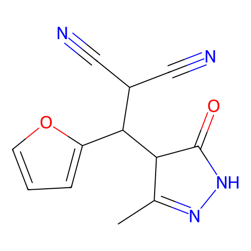 [2-Furyl(3-methyl-5-oxo(2-pyrazolin-4-yl))methyl]methane-1,1-dicarbonitrile structure