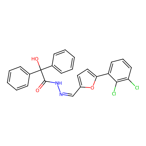 N-[(Z)-[5-(2,3-dichlorophenyl)furan-2-yl]methylideneamino]-2-hydroxy-2,2-diphenylacetamide structure