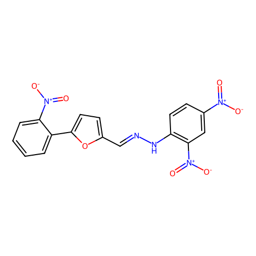 (2E)-1-(2,4-dinitrophenyl)-2-{[5-(2-nitrophenyl)furan-2-yl]methylidene}hydrazine structure