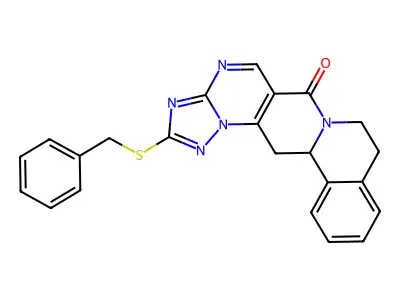 2-(benzylsulfanyl)-8,9,13b,14-tetrahydro-6H-[1,2,4]triazolo[5'',1'':2',3']pyrimido[4',5':4,5]pyrido[2,1-a]isoquinolin-6-one structure