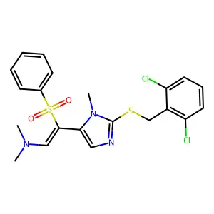 2-(benzenesulfonyl)-2-[2-[(2,6-dichlorophenyl)methylsulfanyl]-3-methylimidazol-4-yl]-N,N-dimethylethenamine structure