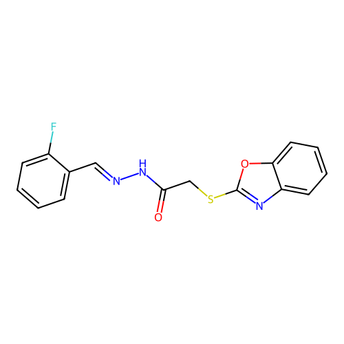 (E)-2-(benzo[d]oxazol-2-ylthio)-N'-(2-fluorobenzylidene)acetohydrazide structure