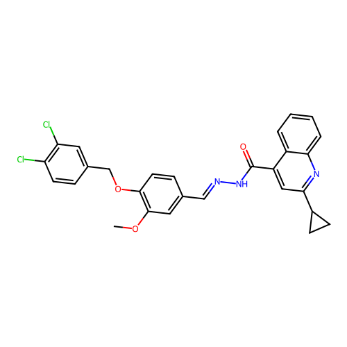 (E)-2-cyclopropyl-N'-(4-((3,4-dichlorobenzyl)oxy)-3-methoxybenzylidene)quinoline-4-carbohydrazide structure