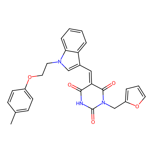 (5E)-1-(furan-2-ylmethyl)-2-hydroxy-5-({1-[2-(4-methylphenoxy)ethyl]-1H-indol-3-yl}methylidene)pyrimidine-4,6(1H,5H)-dione structure