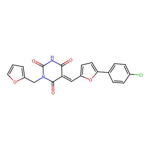 (5E)-5-[[5-(4-chlorophenyl)furan-2-yl]methylidene]-1-(furan-2-ylmethyl)-1,3-diazinane-2,4,6-trione structure