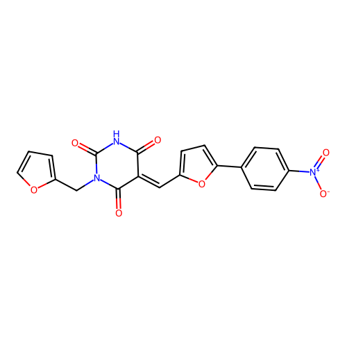 (E)-1-(furan-2-ylmethyl)-5-((5-(4-nitrophenyl)furan-2-yl)methylene)pyrimidine-2,4,6(1H,3H,5H)-trione structure