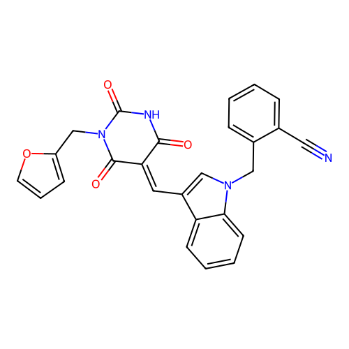 (E)-2-((3-((1-(furan-2-ylmethyl)-2,4,6-trioxotetrahydropyrimidin-5(2H)-ylidene)methyl)-1H-indol-1-yl)methyl)benzonitrile structure