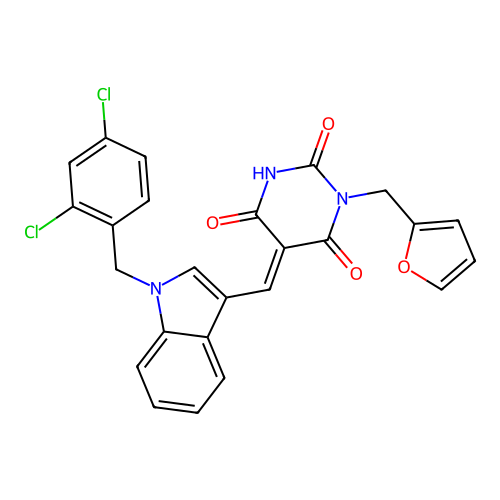 (5E)-5-[[1-[(2,4-dichlorophenyl)methyl]indol-3-yl]methylidene]-1-(furan-2-ylmethyl)-1,3-diazinane-2,4,6-trione structure