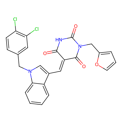 (5E)-5-[[1-[(3,4-dichlorophenyl)methyl]indol-3-yl]methylidene]-1-(furan-2-ylmethyl)-1,3-diazinane-2,4,6-trione structure