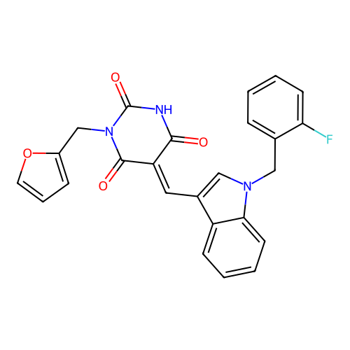 (5E)-5-[[1-[(2-fluorophenyl)methyl]indol-3-yl]methylidene]-1-(furan-2-ylmethyl)-1,3-diazinane-2,4,6-trione structure