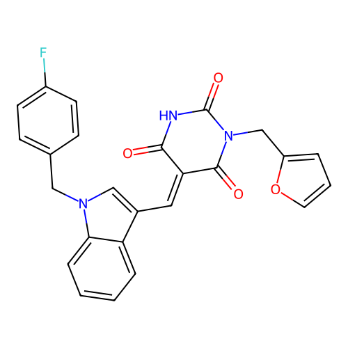 (5E)-5-[[1-[(4-fluorophenyl)methyl]indol-3-yl]methylidene]-1-(furan-2-ylmethyl)-1,3-diazinane-2,4,6-trione structure