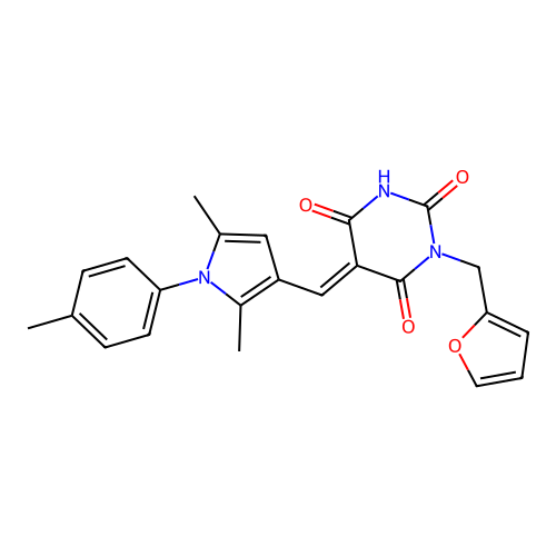 (E)-5-((2,5-dimethyl-1-(p-tolyl)-1H-pyrrol-3-yl)methylene)-1-(furan-2-ylmethyl)pyrimidine-2,4,6(1H,3H,5H)-trione structure