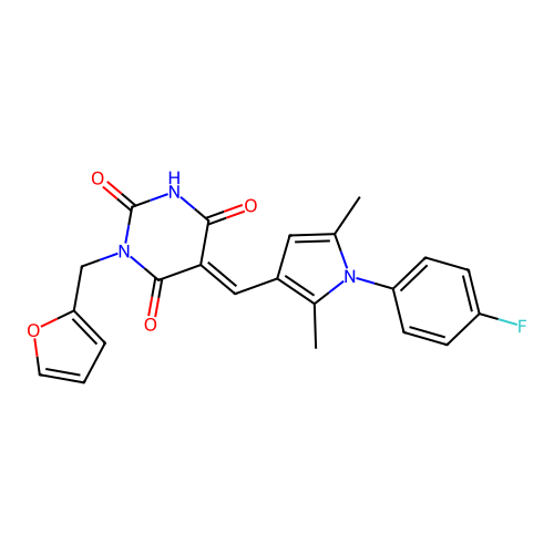 (E)-5-((1-(4-fluorophenyl)-2,5-dimethyl-1H-pyrrol-3-yl)methylene)-1-(furan-2-ylmethyl)pyrimidine-2,4,6(1H,3H,5H)-trione structure