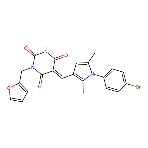 (E)-5-((1-(4-bromophenyl)-2,5-dimethyl-1H-pyrrol-3-yl)methylene)-1-(furan-2-ylmethyl)pyrimidine-2,4,6(1H,3H,5H)-trione structure