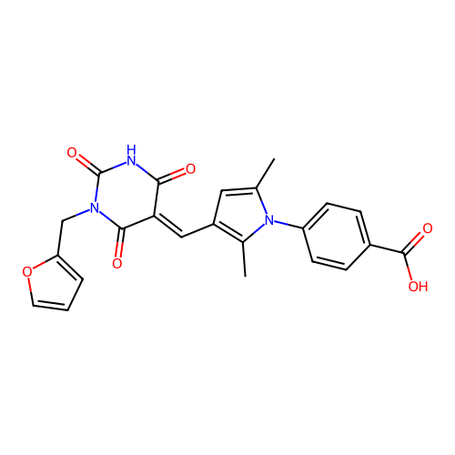 (E)-4-(3-((1-(furan-2-ylmethyl)-2,4,6-trioxotetrahydropyrimidin-5(2H)-ylidene)methyl)-2,5-dimethyl-1H-pyrrol-1-yl)benzoic acid structure