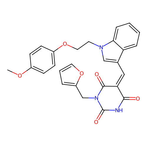 (Z)-1-(furan-2-ylmethyl)-5-((1-(2-(4-methoxyphenoxy)ethyl)-1H-indol-3-yl)methylene)pyrimidine-2,4,6(1H,3H,5H)-trione structure